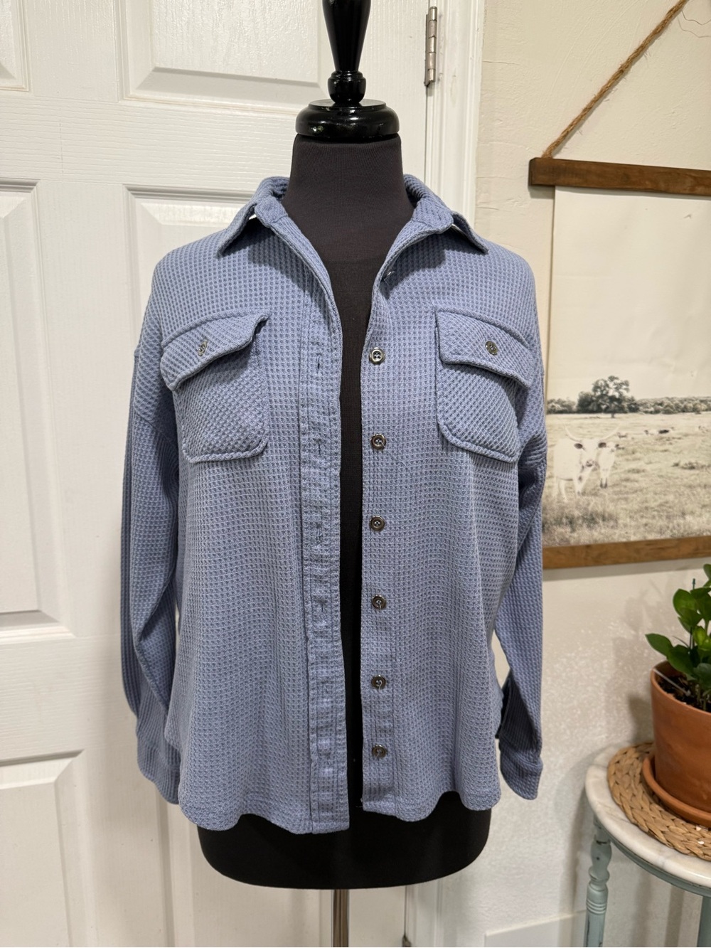 Light Blue Waffle Knit Button-Up Shirt Jacket by Hippie Rose